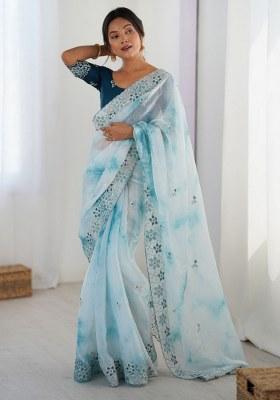 Sky Blue Embroidered Chiffon Saree Set
