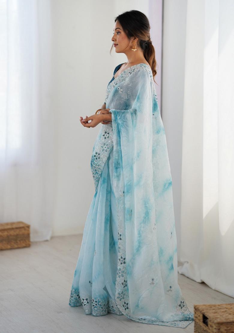 Sky Blue Embroidered Chiffon Saree Set - Indya