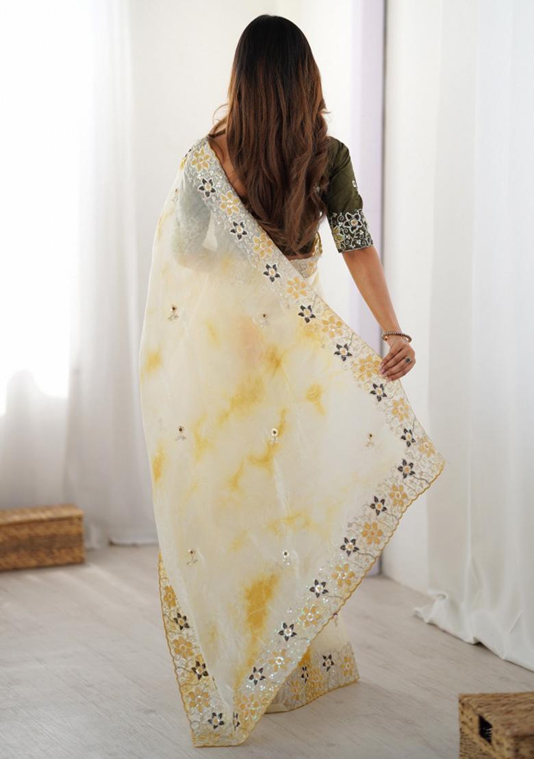 Yellow Embroidered Chiffon Saree Set - Indya