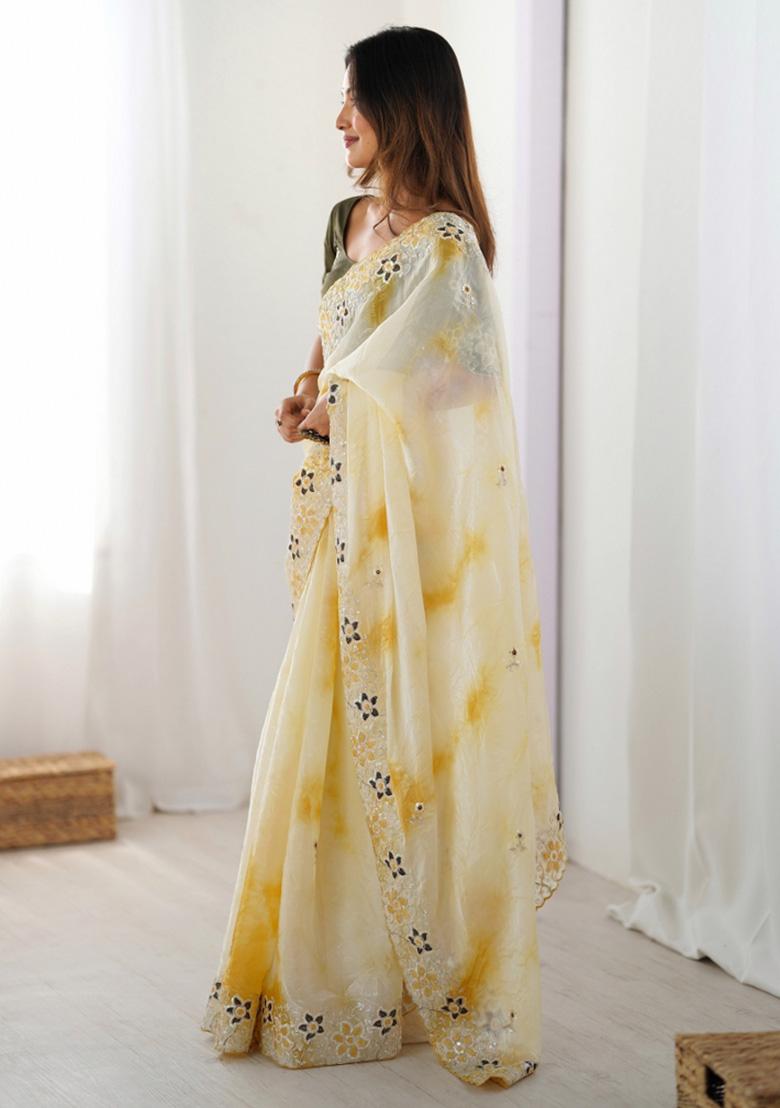 Yellow Embroidered Chiffon Saree Set - Indya