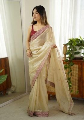 Beige Embroidered Chiffon Saree Set