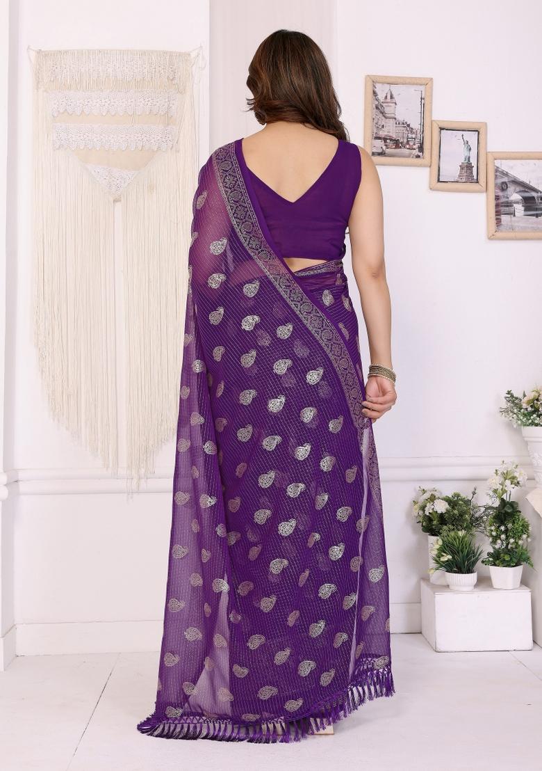 Purple Printed Faux Georgette Saree Set - Indya