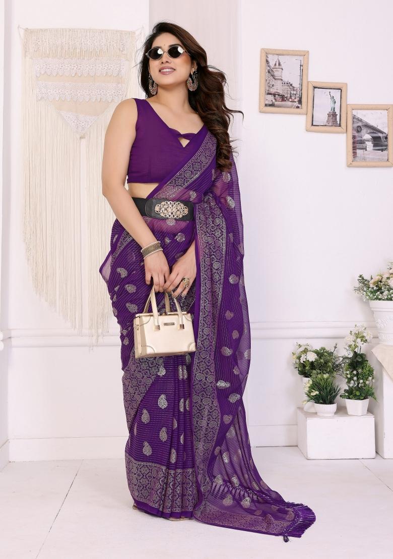 Purple Printed Faux Georgette Saree Set - Indya