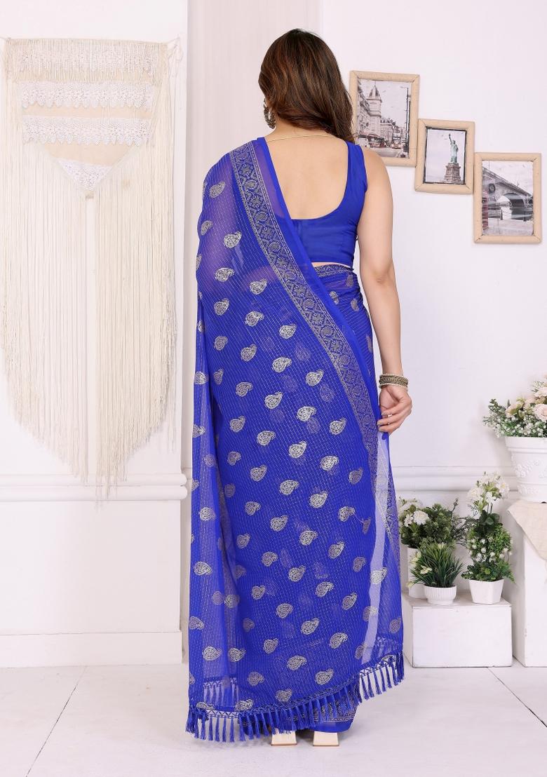 Blue Printed Faux Georgette Saree Set - Indya