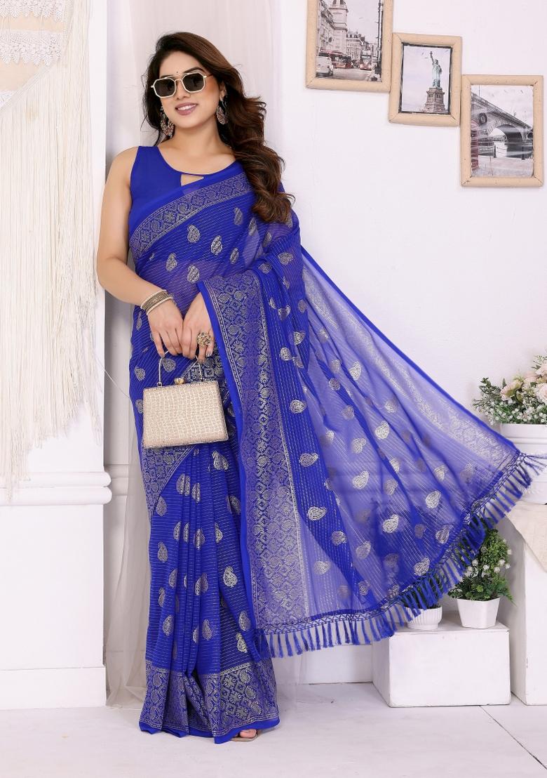 Blue Printed Faux Georgette Saree Set - Indya