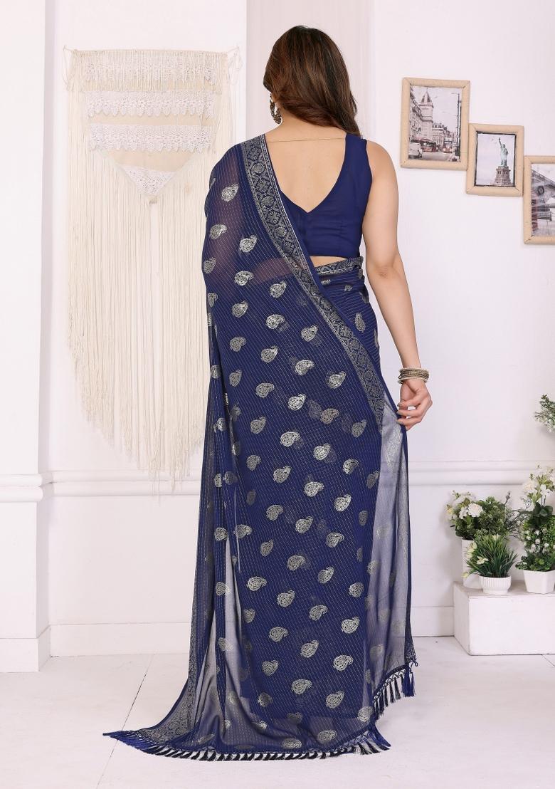 Blue Printed Faux Georgette Saree Set - Indya