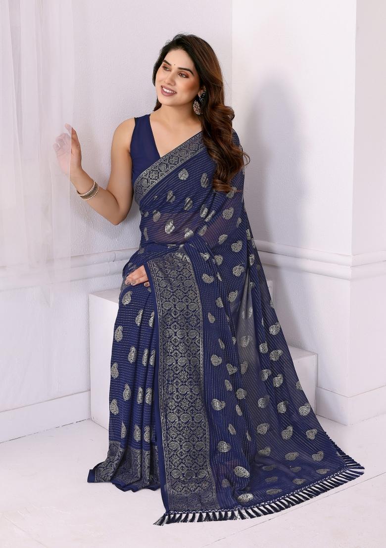 Blue Printed Faux Georgette Saree Set - Indya