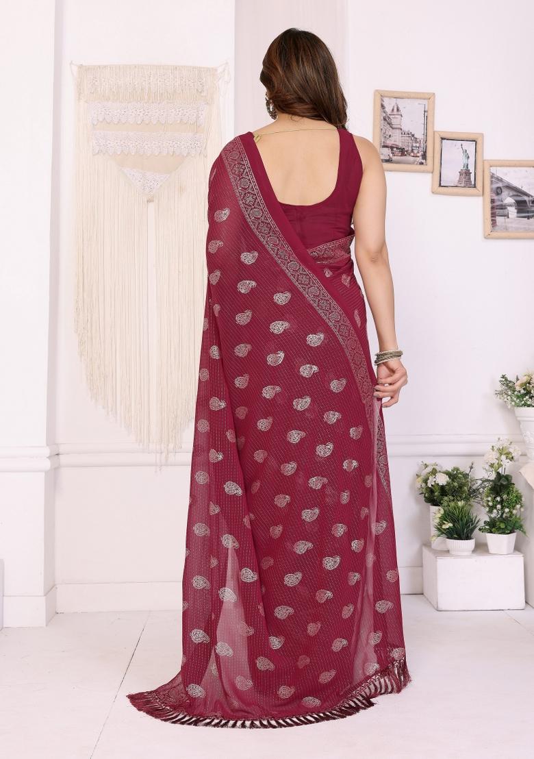 Maroon Printed Faux Georgette Saree Set - Indya