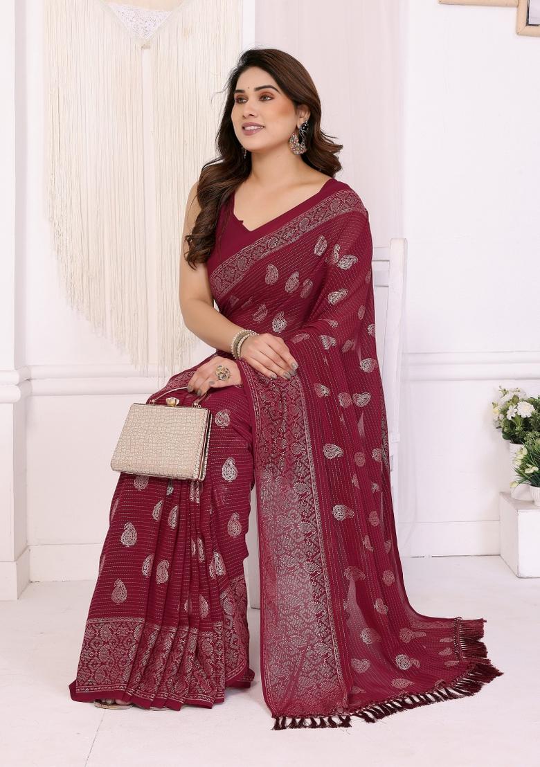 Maroon Printed Faux Georgette Saree Set - Indya