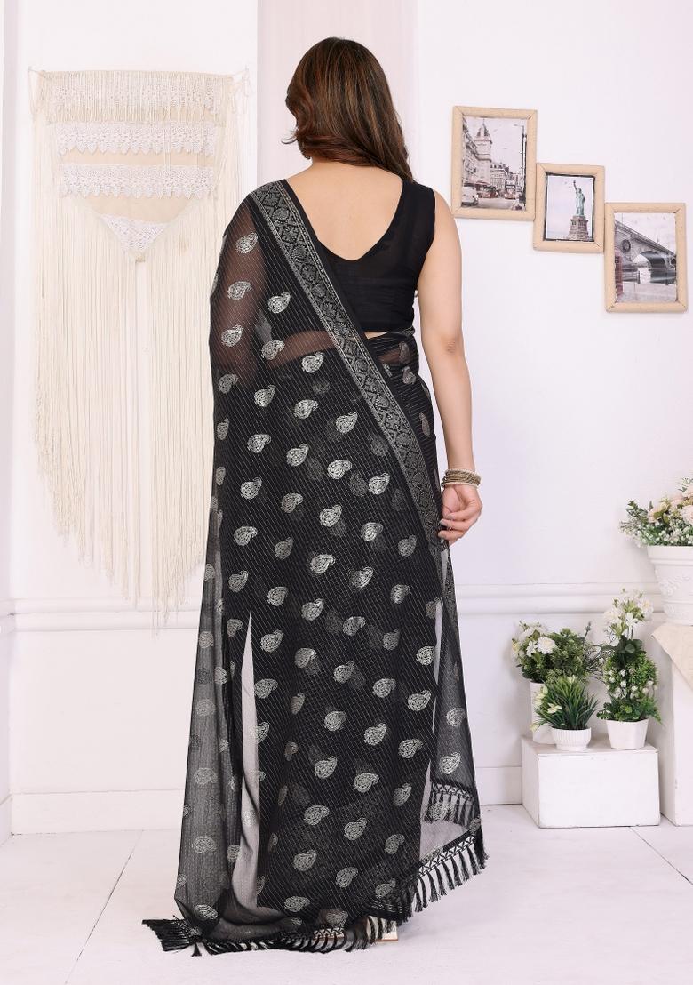 Black Printed Faux Georgette Saree Set - Indya