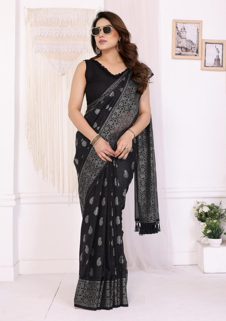 Black Printed Faux Georgette Saree Set - Indya