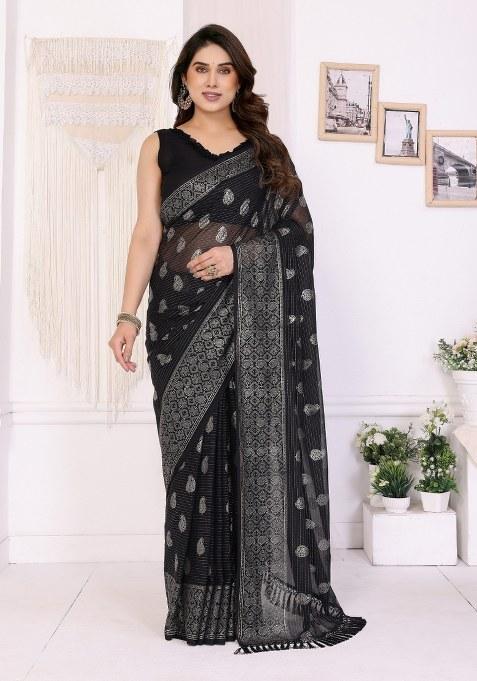 Black Printed Faux Georgette Saree Set