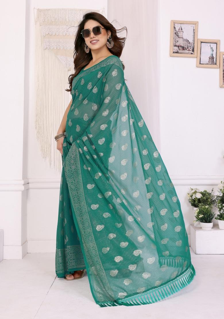 Green Printed Faux Georgette Saree Set - Indya