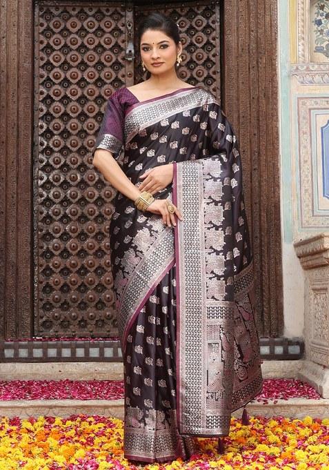 Wine Woven Silk Blend Saree Set