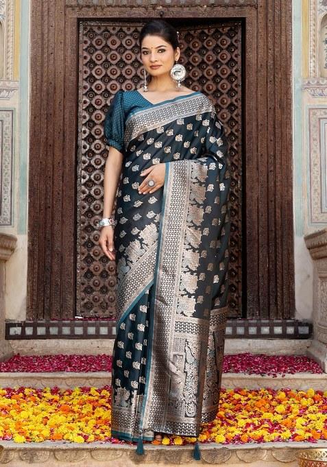 Turquoise Blue Woven Silk Blend Saree Set