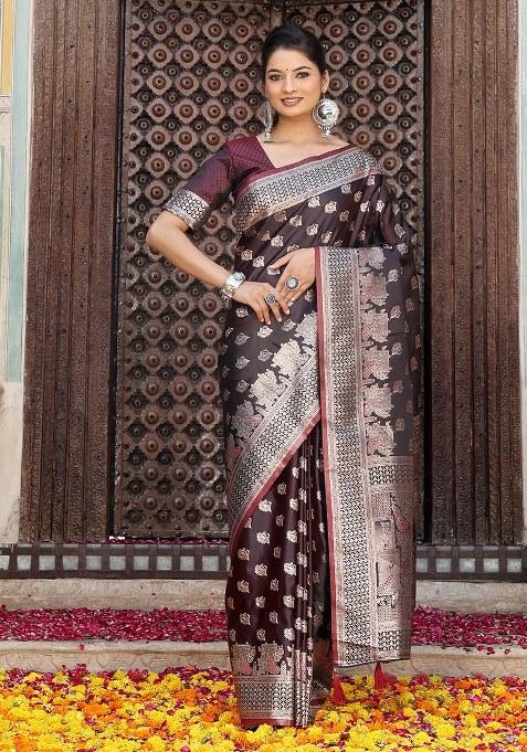 Red Woven Silk Blend Saree Set