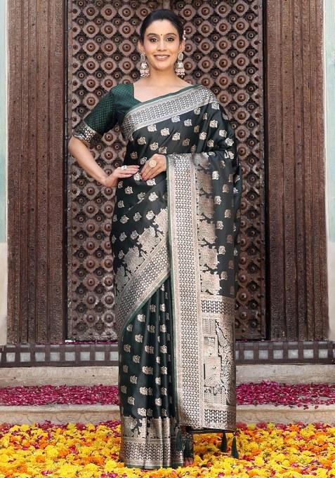 Green Woven Silk Blend Saree Set