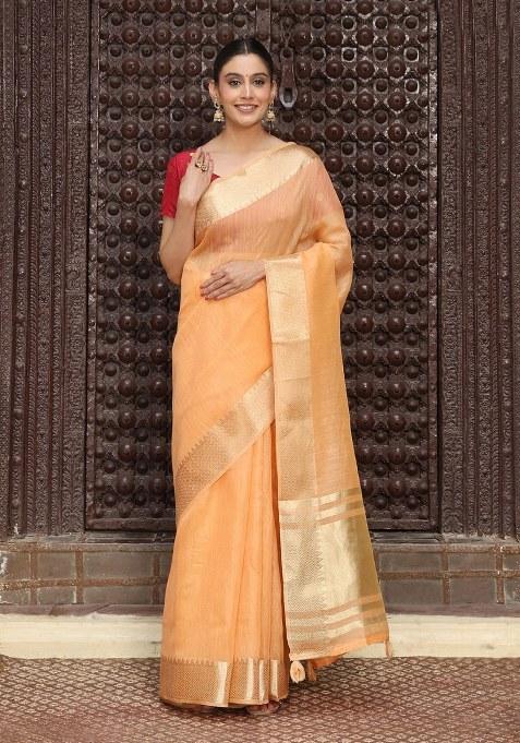 Orange Woven Blended Cotton Saree Set