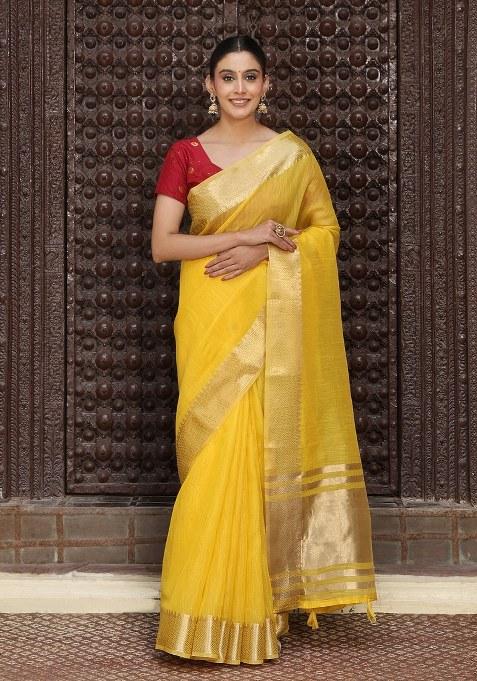 Yellow Woven Blended Cotton Saree Set