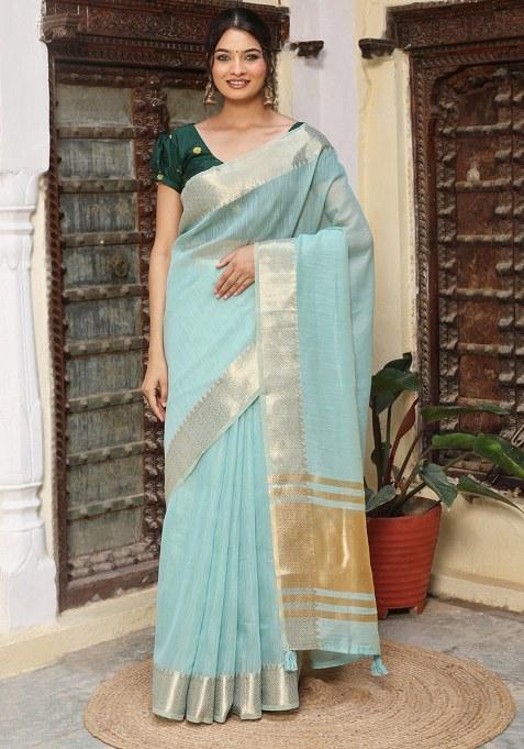 Sky Blue Woven Blended Cotton Saree Set