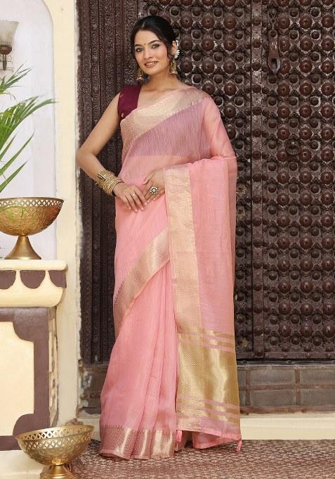 Pink Woven Blended Cotton Saree Set