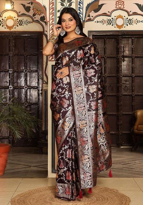 Wine Woven Art Silk Saree Set