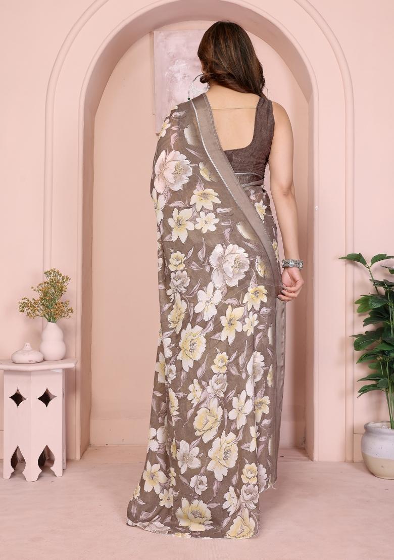 Brown Printed Art Silk Saree Set - Indya