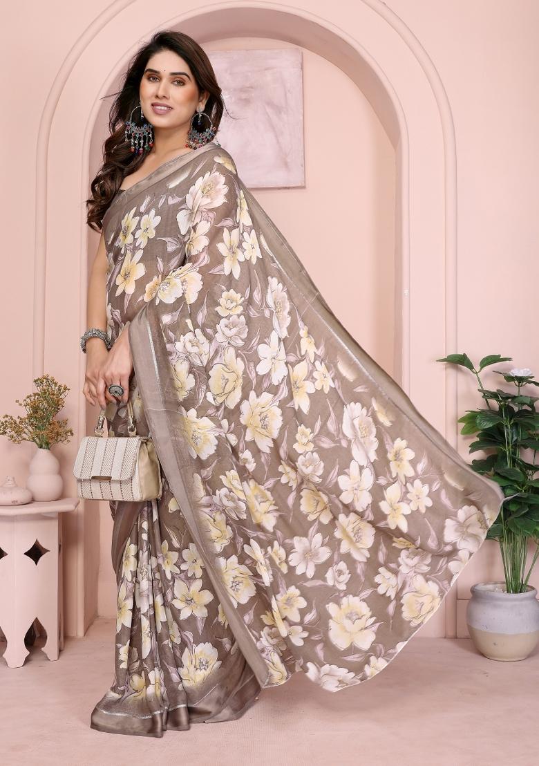 Brown Printed Art Silk Saree Set - Indya