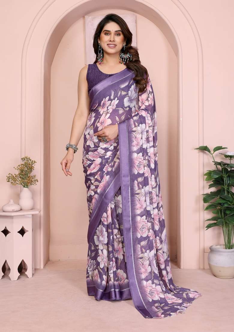 Purple Printed Art Silk Saree Set for Diwali and Festive Wear - Indya