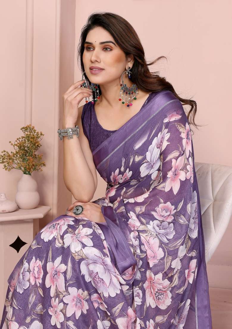 Purple Printed Art Silk Saree Set for Diwali and Festive Wear - Indya