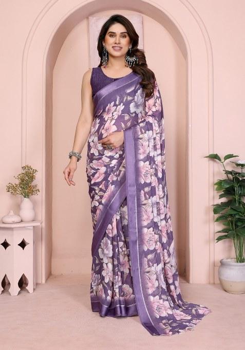 Purple Printed Art Silk Saree Set