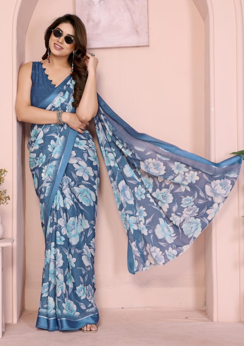 Blue Printed Art Silk Saree Set - Indya