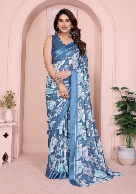 Blue Printed Art Silk Saree Set