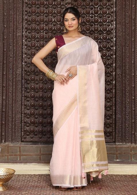 Light Pink Woven Blended Cotton Saree Set