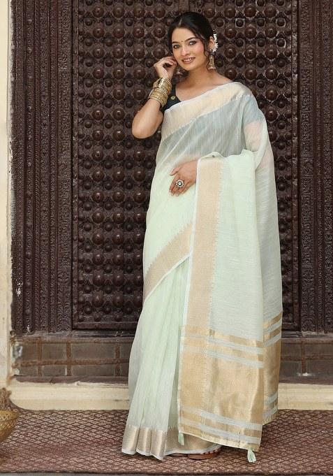 Light Green Woven Blended Cotton Saree Set