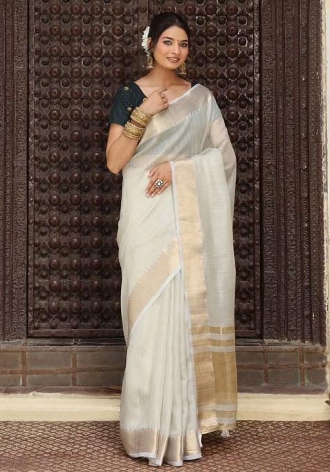 Grey Woven Blended Cotton Saree Set