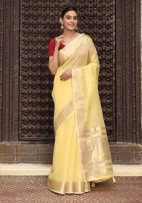 Yellow Woven Blended Cotton Saree Set