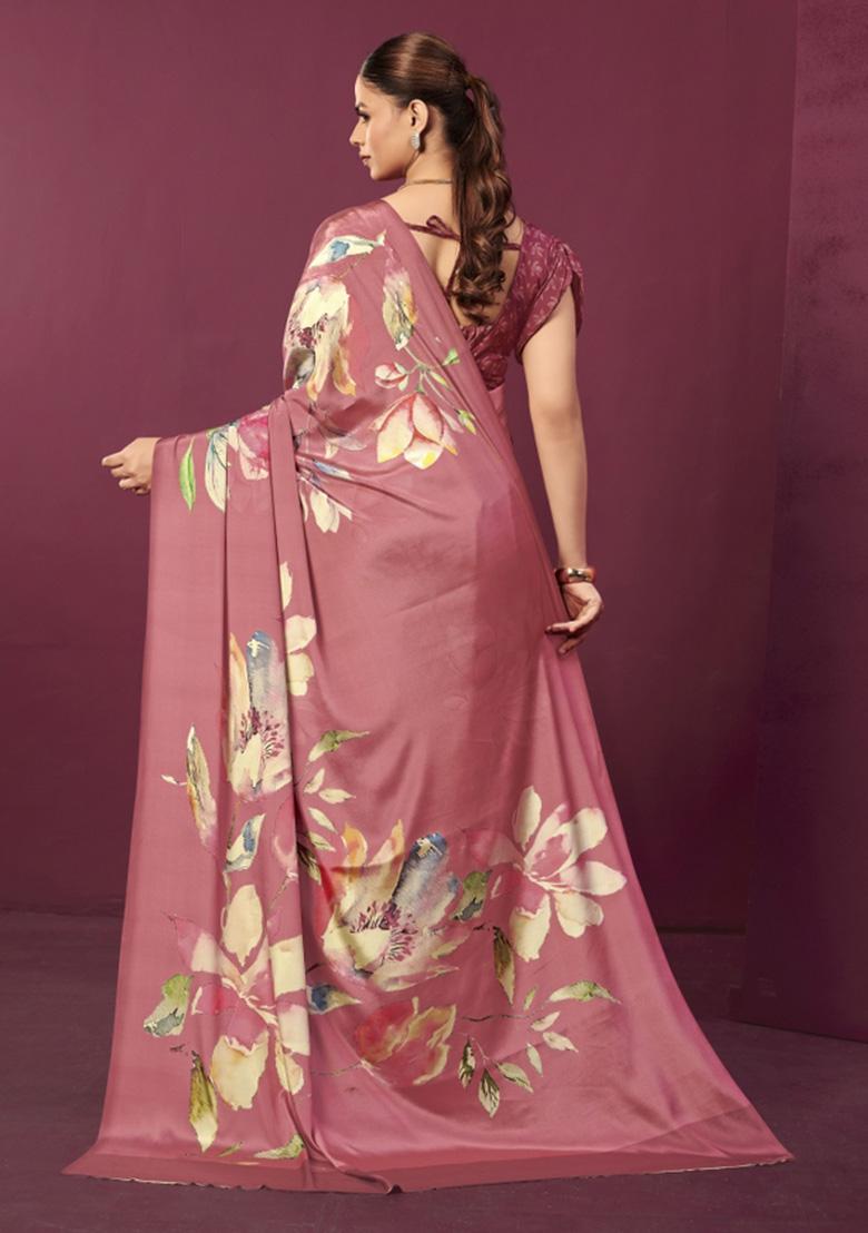 Pink Printed Crepe Saree Set - Indya