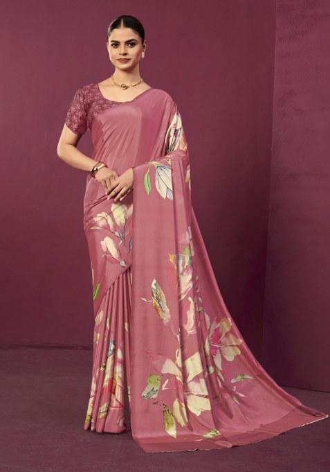 Pink Printed Crepe Saree Set