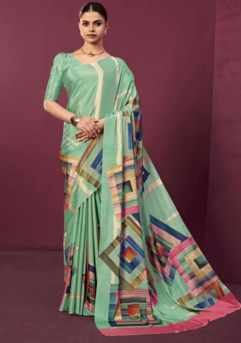 Sea Green Printed Crepe Saree Set for Diwali and Festive Wear - Indya