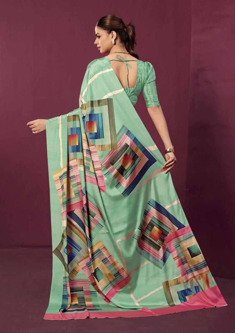 Sea Green Printed Crepe Saree Set - Indya