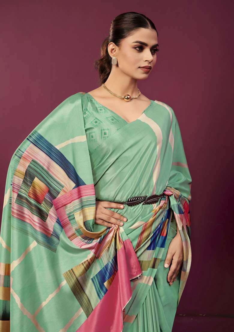 Sea Green Printed Crepe Saree Set for Diwali and Festive Wear - Indya