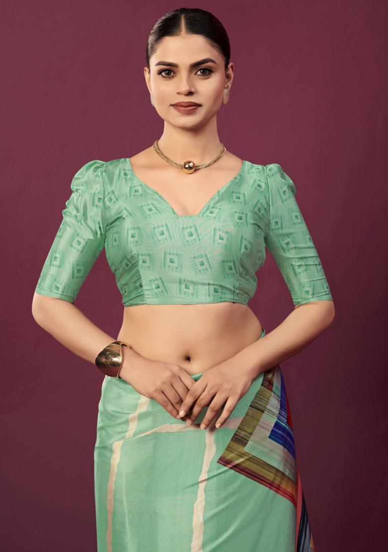 Sea Green Printed Crepe Saree Set - Indya