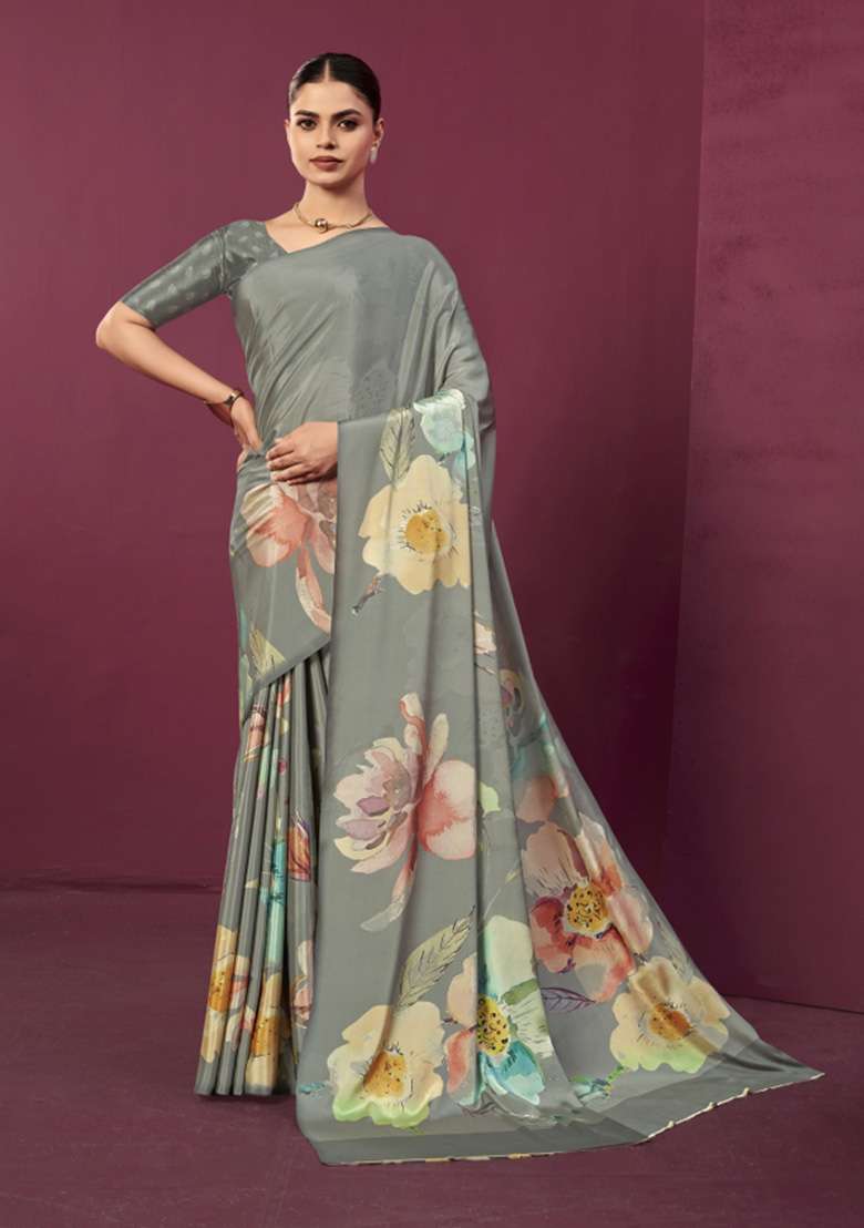 Grey Printed Crepe Saree Set for Diwali and Festive Wear - Indya