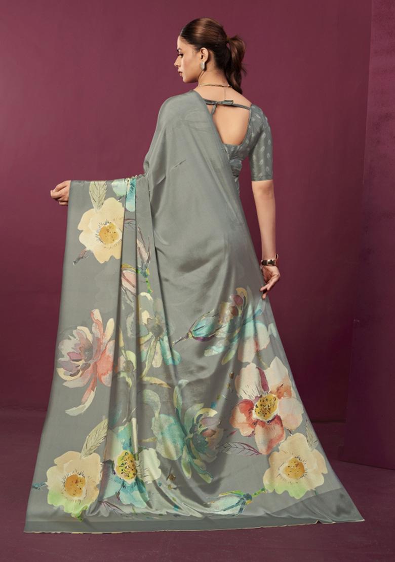Grey Printed Crepe Saree Set - Indya