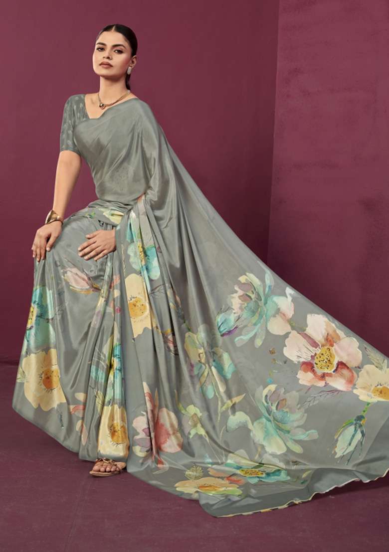 Grey Printed Crepe Saree Set for Diwali and Festive Wear - Indya