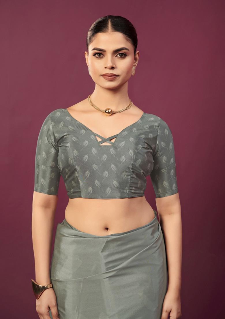 Grey Printed Crepe Saree Set - Indya