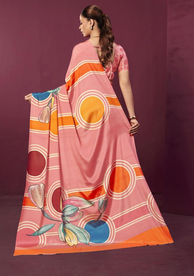 Red Printed Crepe Saree Set - Indya