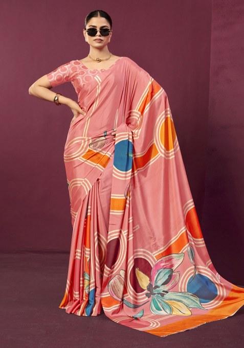 Red Printed Crepe Saree Set