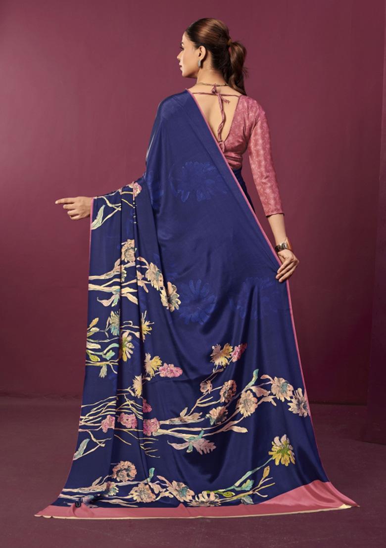 Blue Printed Crepe Saree Set - Indya